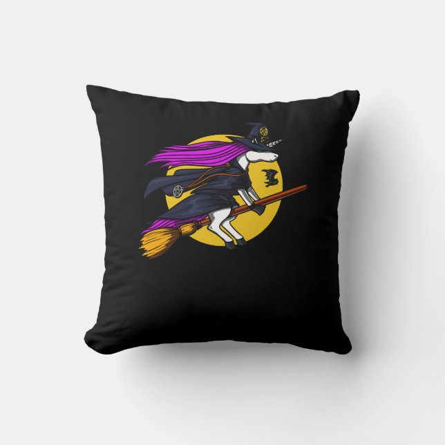 Magical Unicorn Witch Riding A Broom Halloween Throw Pillow (Front)