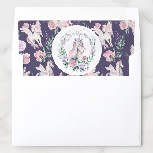 Magical unicorn with pastel pink roses pattern envelope liner