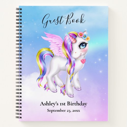 Magical Unicorn with Rainbow Mane  Tail Guestbook Notebook