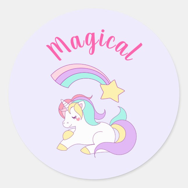 Magical Unicorn with Rainbow Shooting Star Classic Round Sticker (Front)