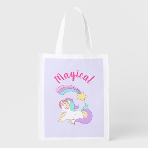 Magical Unicorn with Rainbow Shooting Star Reusable Grocery Bag