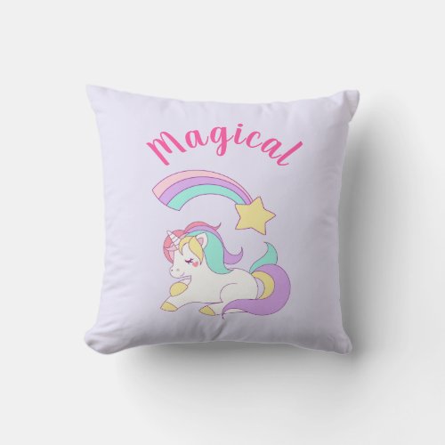 Magical Unicorn with Rainbow Shooting Star Throw Pillow