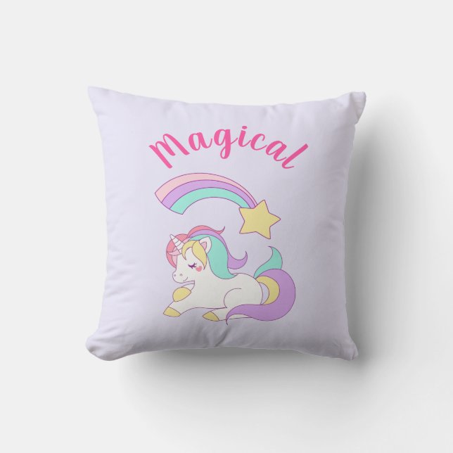Magical Unicorn with Rainbow Shooting Star Throw Pillow (Front)