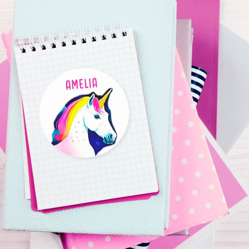 Magical Unicorn with Stars Girl Name Classic Round Sticker