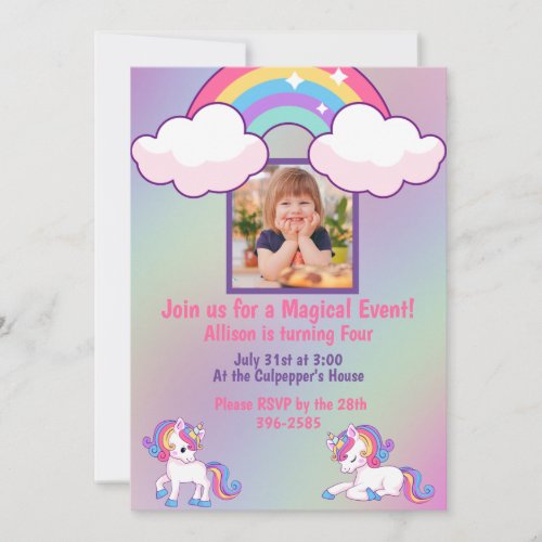 Magical Unicorns and Child Photo  Birthday Party  Invitation