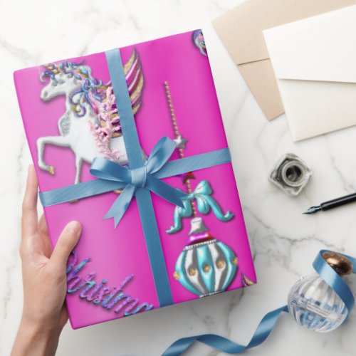 Magical Unicorns and Christmas Decorations Pink  Wrapping Paper