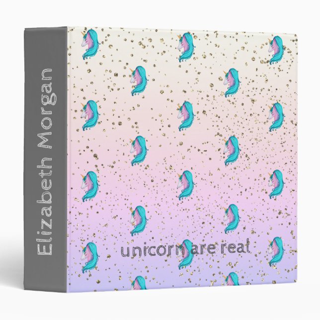 Magical Unicorns Gold Confetti,Ombre 3 Ring Binder (Front/Spine)