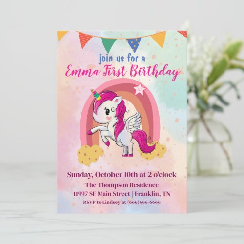 Magical Unicorns Pink Watercolor 1st Birthday Invitation