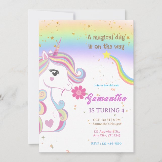 Magical Unicorns Purple Birthday Party Invitation (Front)