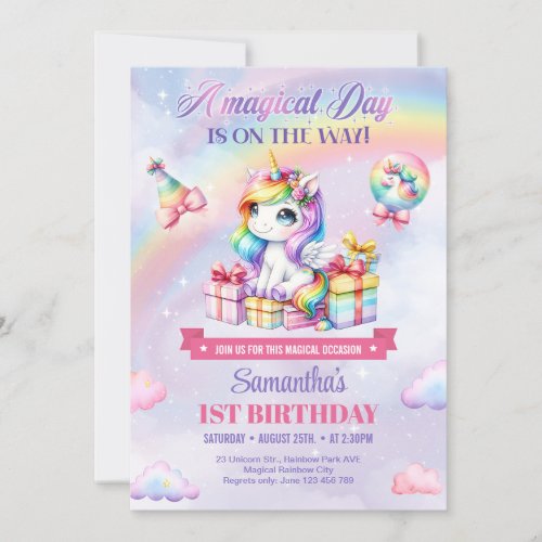 Magical Unicorns Purple Watercolor 1st Birthday Invitation