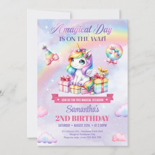 Magical Unicorns Purple Watercolor 2nd Birthday Invitation