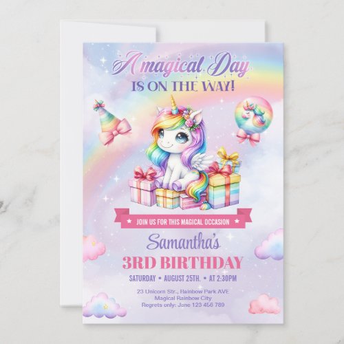 Magical Unicorns Purple Watercolor 3rd Birthday Invitation