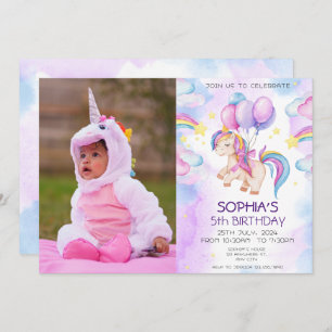 Magical Unicorns Purple Watercolor Birthday Party Invitation