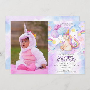 Magical Unicorns Purple Watercolor Birthday Party Invitation