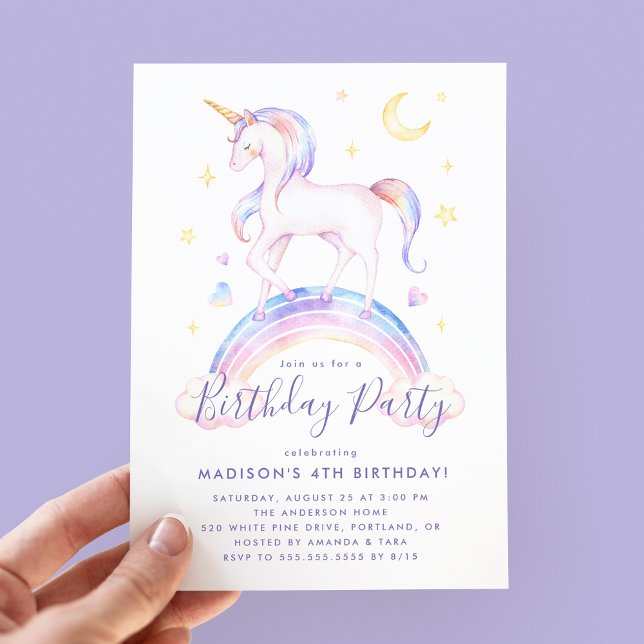 Magical Unicorns Purple Watercolor Birthday Party Invitation (Creator Uploaded)