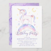 Magical Unicorns Purple Watercolor Birthday Party Invitation