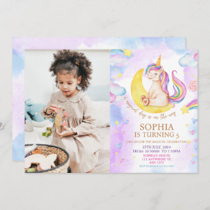 Magical Unicorns Purple Watercolor Birthday Party Invitation