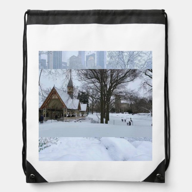 Magical Urban Snow Scene – Winter in the City Drawstring Bag (Front)