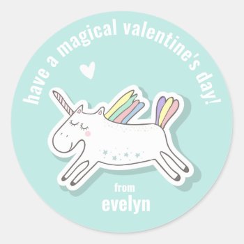 Magical Valentine's Day - Cute Kids Unicorn  Classic Round Sticker by NewParkLane at Zazzle
