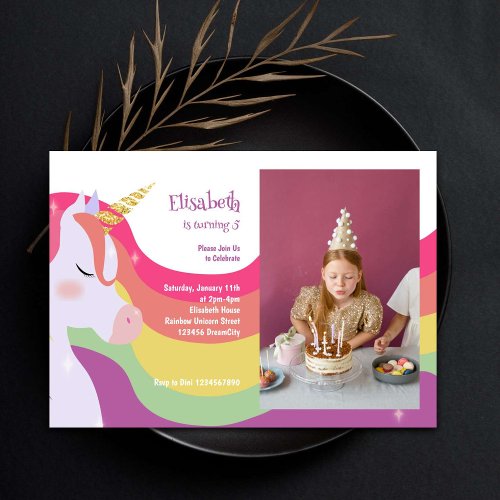 Magical Vibrant Rainbow Unicorn Birthday Photo Invitation