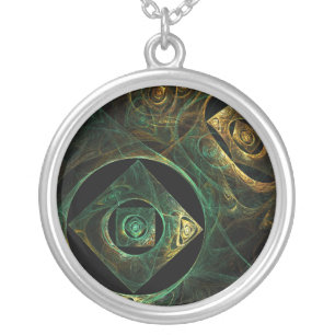 Magical Vibrations Abstract Fractal Art Design Silver Plated Necklace