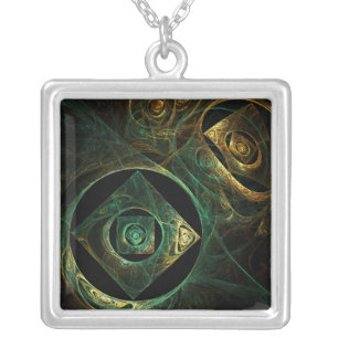 Magical Vibrations Abstract Fractal Art Design Silver Plated Necklace