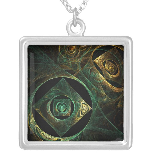 Magical Vibrations Abstract Fractal Art Design Silver Plated Necklace (Front)