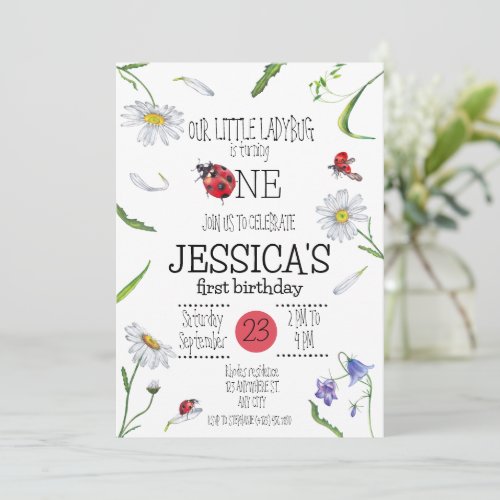 Magical Watercolor Cute 1st Birthday Girl Ladybug Invitation