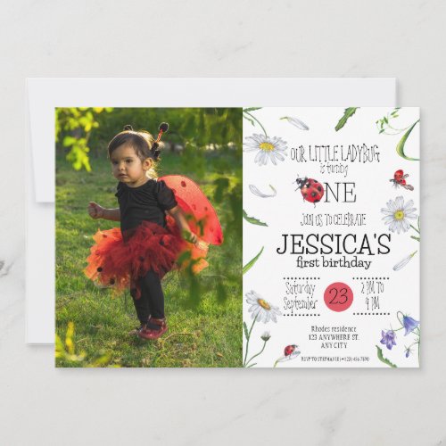 Magical Watercolor Cute 1st Birthday Girl Ladybug Invitation