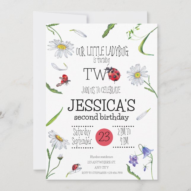 Magical Watercolor Cute 2nd Birthday Girl Ladybug Invitation (Front)