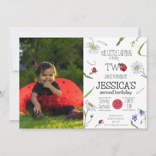 Magical Watercolor Cute 2nd Birthday Girl Ladybug Invitation