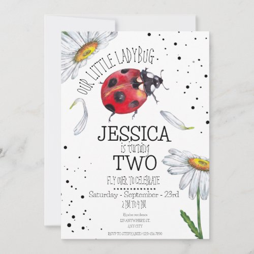 Magical Watercolor Cute Birthday Girl Ladybug Invitation