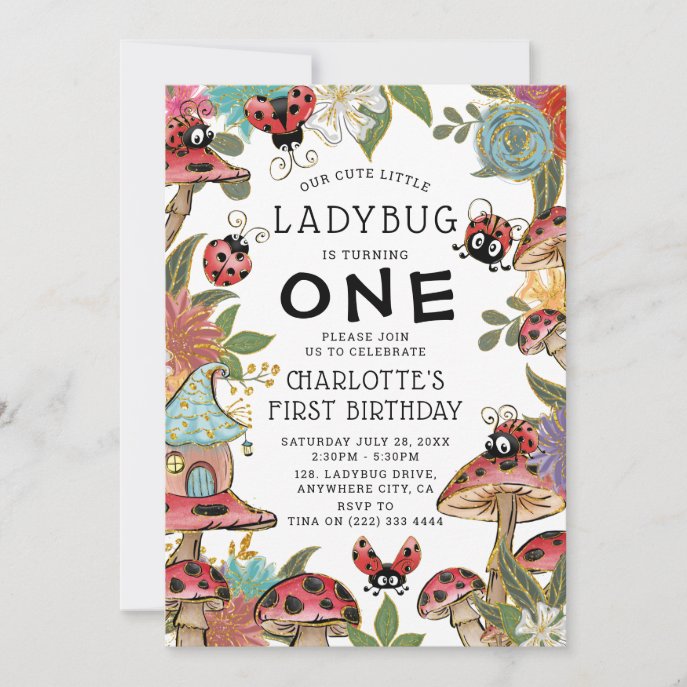 Magical Watercolor Cute Ladybug Girls 1st Birthday Invitation