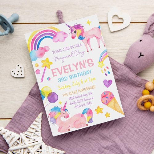 Magical Watercolor Cute Unicorn Birthday Girl Invitation