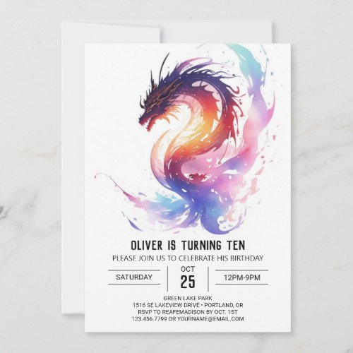 Magical Watercolor Dragon Birthday Invitation