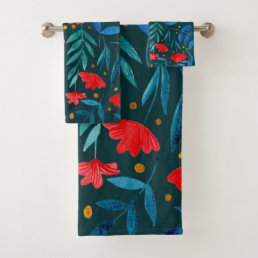 Magical watercolor garden - dark teal and red bath towel set