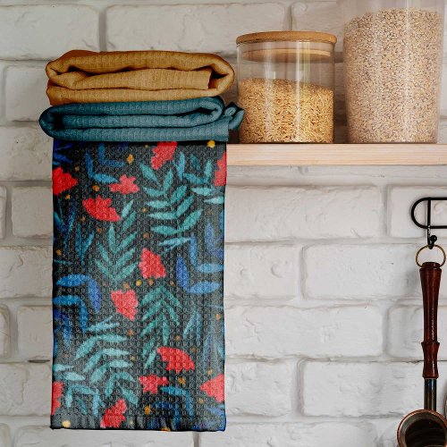 Magical watercolor garden _ dark teal and red kitchen towel