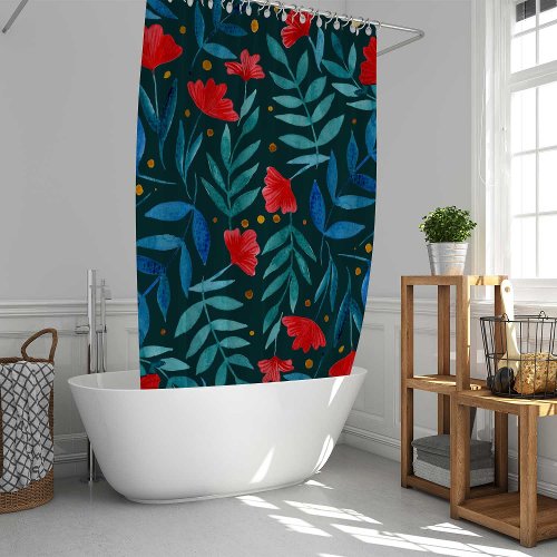 Magical watercolor garden _ dark teal and red shower curtain