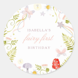 Magical Watercolor Greenery Fairy First Birthday Classic Round Sticker