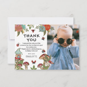 Magical Watercolor Ladybug Girl Birthday Photo Thank You Card