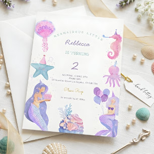 Magical Watercolor Mermaid 2nd Birthday Invitation