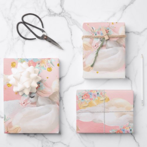 Magical Watercolor Pink Unicorn Baby Shower Wrapping Paper Sheets