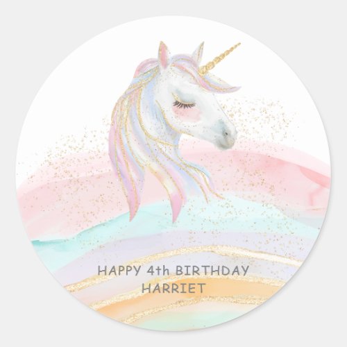 Magical Watercolor  Rainbow Unicorn Birthday Classic Round Sticker