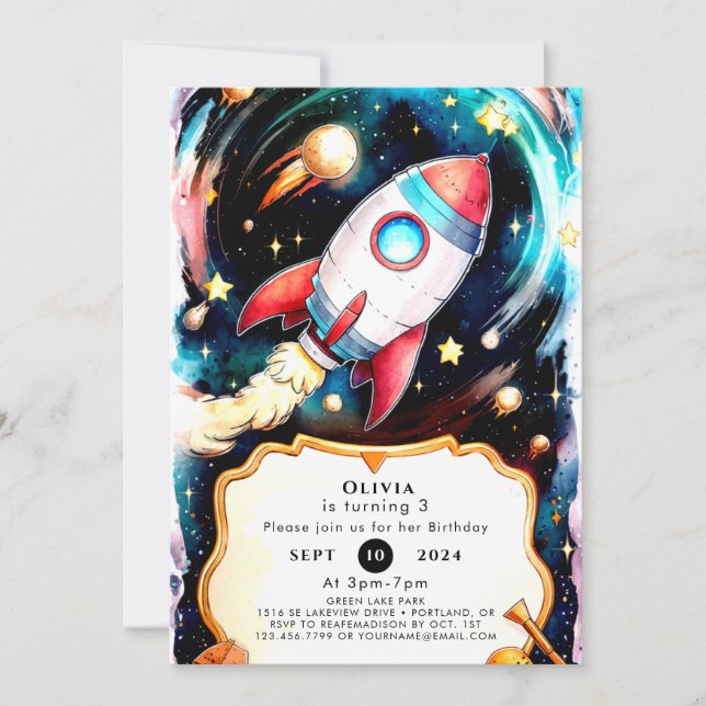 Magical Watercolor Rocket Birthday Invitation (Front)