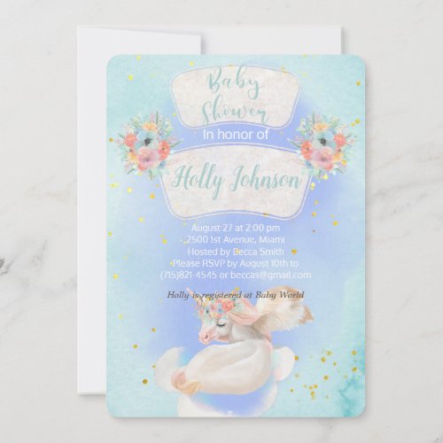 Magical Watercolor Soft Blue Unicorn Baby Shower Invitation