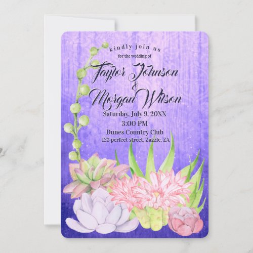 Magical Watercolor Succulents Purple Wedding Invitation