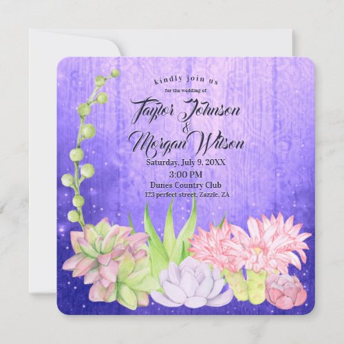 Magical Watercolor Succulents Purple Wedding Invitation
