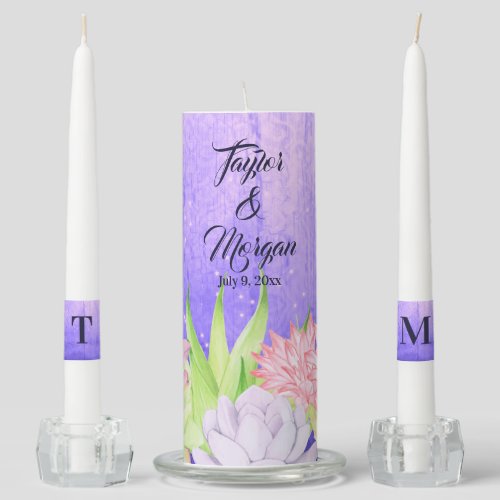 Magical Watercolor Succulents Purple Wedding Unity Candle Set