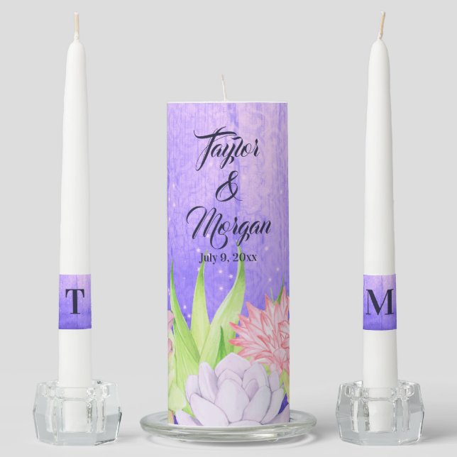 Magical Watercolor Succulents Purple Wedding Unity Candle Set (Front)