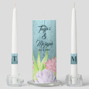Magical Watercolor Succulents teal-blue Wedding Unity Candle Set